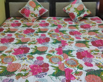 Fruit Hand Made Print 100% Cotton Kantha Quilt Cotton Throw Bedspread King Kantha Quilt Soft Bed cover