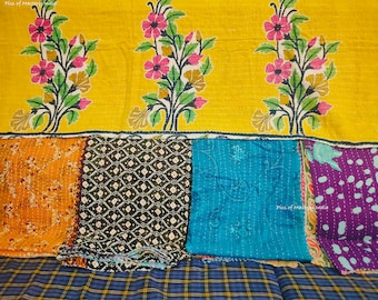 Floral Indian Kantha Quilt, Queen Size, Lightweight Summer Bedding