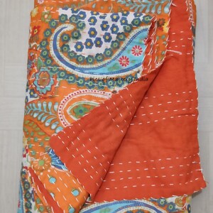 Indian Handmade Kantha Bedspread Twin Queen Size Cotton Throw Blanket Bed Cover Quilting. Orange