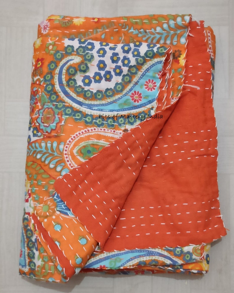 Indian Handmade Kantha Bedspread Twin Queen Size Cotton Throw Blanket Bed Cover Quilting. Orange