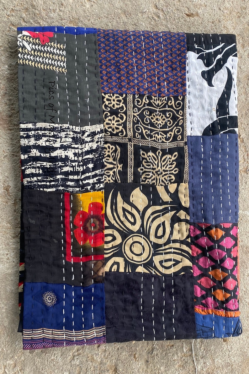 Bohemian Patchwork Quilt Kantha Quilt Handmade Vintage Quilts Boho Bedding Throw Blanket Bedspread Quilting Hippie Quilts For Sale Black