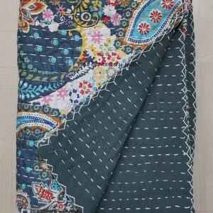 Indian Handmade Kantha Bedspread Twin Queen Size Cotton Throw Blanket Bed Cover Quilting. Grey