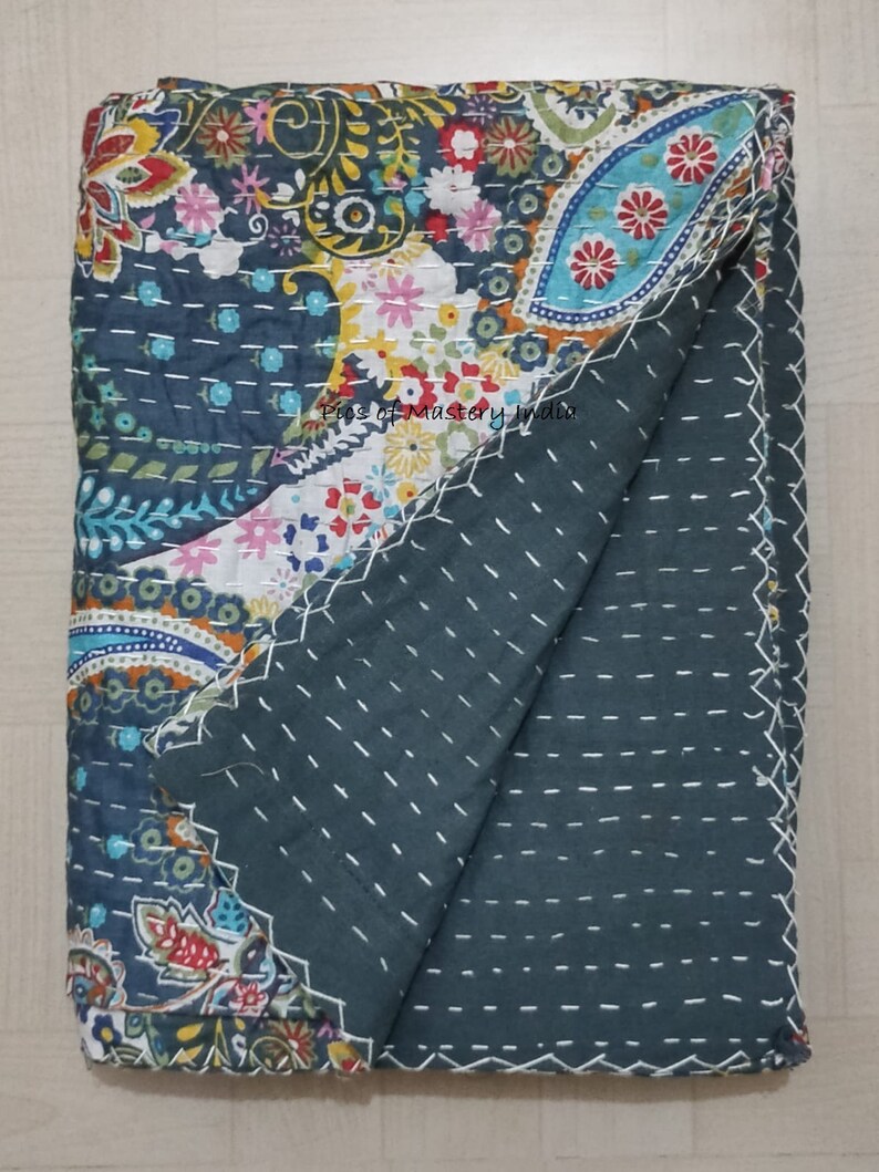 Indian Handmade Kantha Bedspread Twin Queen Size Cotton Throw Blanket Bed Cover Quilting. Grey