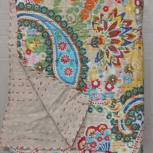 Indian Handmade Kantha Bedspread Twin Queen Size Cotton Throw Blanket Bed Cover Quilting. Beige