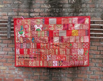 Handgemachter Wandbehang / Wanddeko aus indischer Ethno-Patchwork-Kunst aus Baumwolle