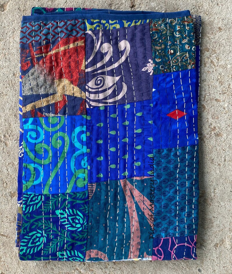 Bohemian Patchwork Quilt Kantha Quilt Handmade Vintage Quilts Boho Bedding Throw Blanket Bedspread Quilting Hippie Quilts For Sale Blue