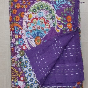 Indian Handmade Kantha Bedspread Twin Queen Size Cotton Throw Blanket Bed Cover Quilting. Purple