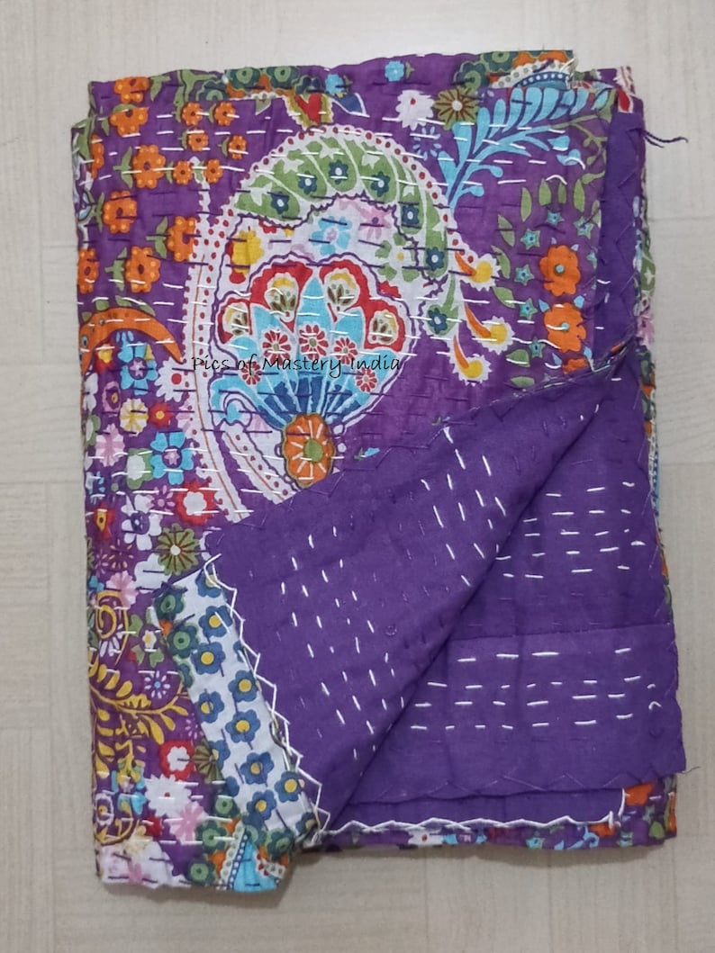 Indian Handmade Kantha Bedspread Twin Queen Size Cotton Throw Blanket Bed Cover Quilting. Purple