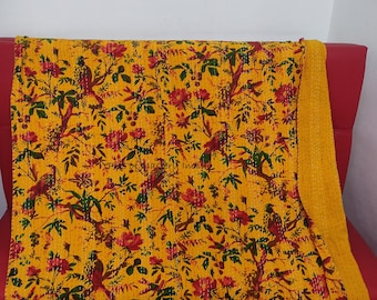 Handmade Bird Print Kantha Quilt, Indian Cotton Bedspread