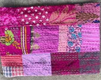 Bohemian Silk Patchwork Kantha Quilt - Indian Handmade Bedding Decor