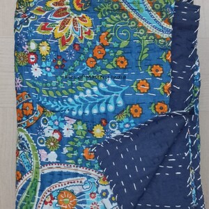 Indian Handmade Kantha Bedspread Twin Queen Size Cotton Throw Blanket Bed Cover Quilting. Blue