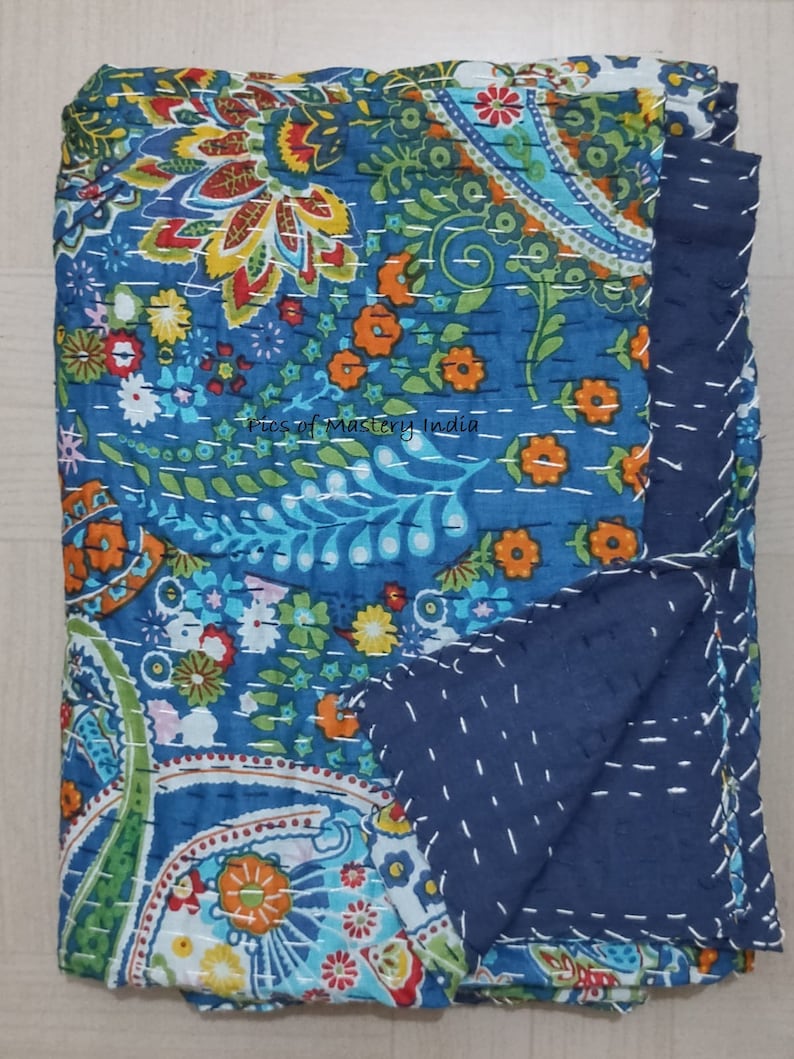 Indian Handmade Kantha Bedspread Twin Queen Size Cotton Throw Blanket Bed Cover Quilting. Blue