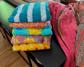 Cotton Vintage Kantha Throw Blankets & Quilts Reversible Bedding Bed Covers Quilted