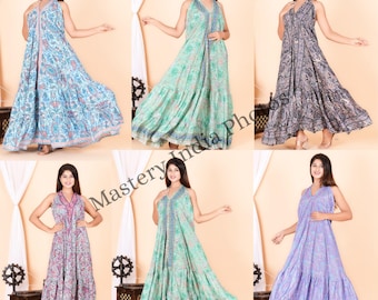 Floral Print Silk Halter Dress, Boho Evening Gown