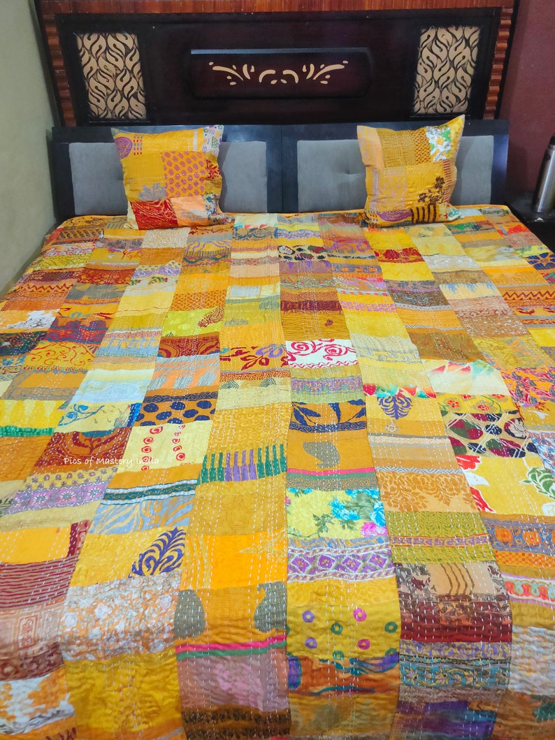 Bohemian Patchwork Quilt Kantha Quilt Handmade Vintage Quilts Boho Bedding Throw Blanket Bedspread Quilting Hippie Quilts For Sale Yellow