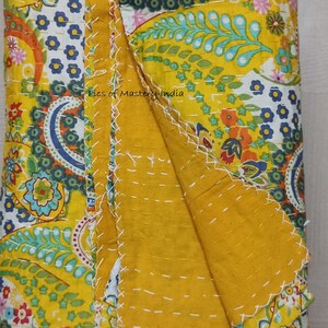 Indian Handmade Kantha Bedspread Twin Queen Size Cotton Throw Blanket Bed Cover Quilting. Yellow