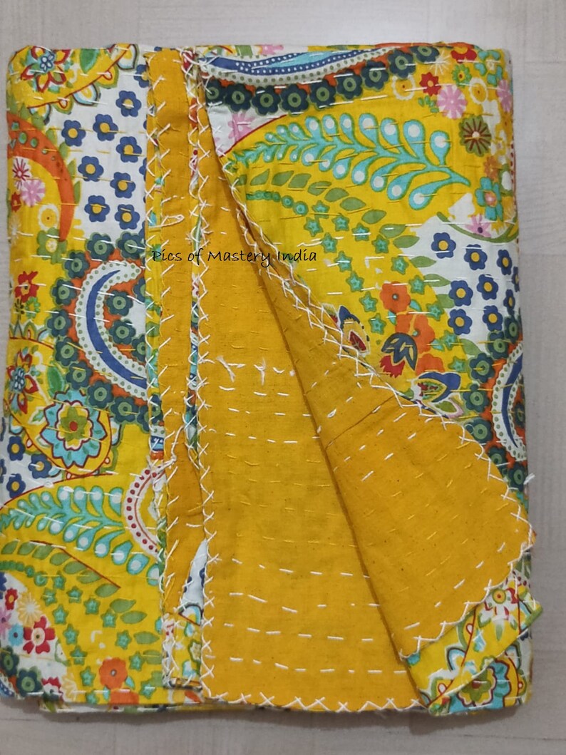 Indian Handmade Kantha Bedspread Twin Queen Size Cotton Throw Blanket Bed Cover Quilting. Yellow