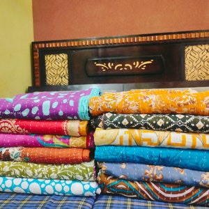 Indian Kantha Quilt Bohemian Bedding Handmade Quilt Cotton Queen Quilt Unique Blanket