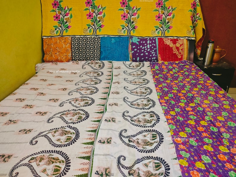 Lot de gros de couette Kantha fait main, couverture réversible, couvre-lit, tissu en coton, couette vintage indienne image 10