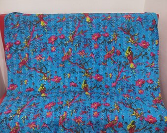Indian Kantha Bedspread Printed Cotton Quilt Blanket Bohemian Bedding Quilted Cotton Bedcover