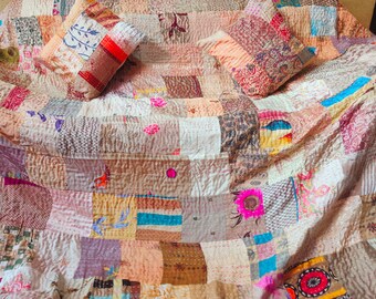 Handmade Silk Patchwork Quilt: Bohemian Kantha Bedspread