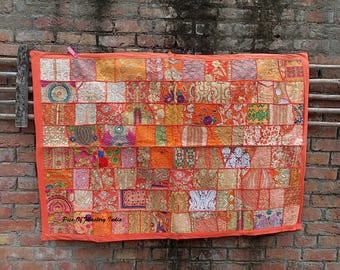Indischer schwerer gestickter Wandteppich handgemachter Seide dekorativer Vintage Patchwork Tischläufer