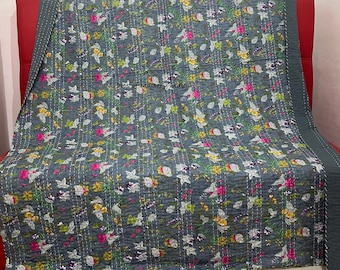 Cotton Kantha Bedspread Indian Throw Bohemian Bedding Quilted Blanket Artisan Printed Cotton Quilt