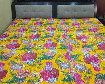 Cotton King Kantha Quilting Queen Bedspreads Throw Floral Printed Blanket Bohemian Bedspread Handmade Quilt