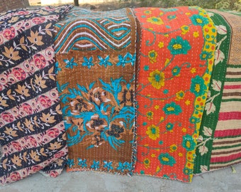Vintage Indian Kantha Quilt: Handmade Reversible Cotton Throw Blanket