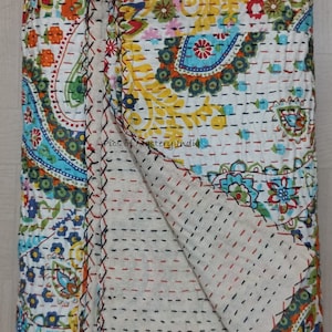 Indian Handmade Kantha Bedspread Twin Queen Size Cotton Throw Blanket Bed Cover Quilting. White
