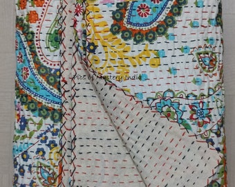Indian Handmade Kantha Bedspread Twin Queen Size Cotton Throw Blanket Bed Cover Quilting.