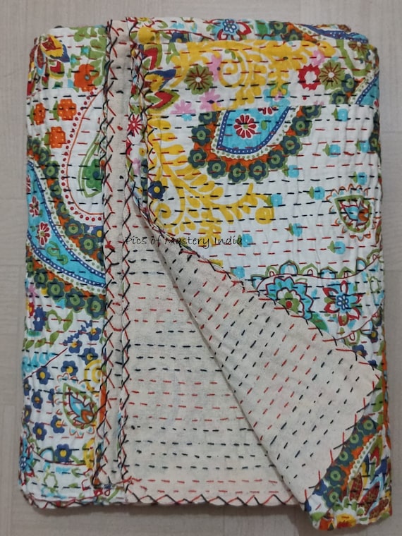 Indian Handmade Kantha Bedspread Twin Queen Size Cotton Throw Blanket Bed Cover Quilting.