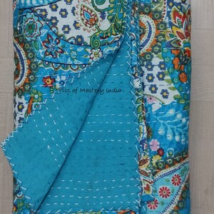 Indian Handmade Kantha Bedspread Twin Queen Size Cotton Throw Blanket Bed Cover Quilting. Turquoise