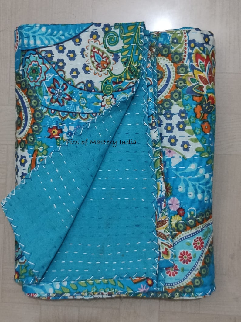 Indian Handmade Kantha Bedspread Twin Queen Size Cotton Throw Blanket Bed Cover Quilting. Turquoise