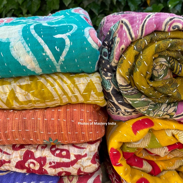 Große Menge Indischer Vintage Kantha Quilt Handgemachter Wurf Wendedecke Bettdecke Baumwollgewebe Boho Quilt
