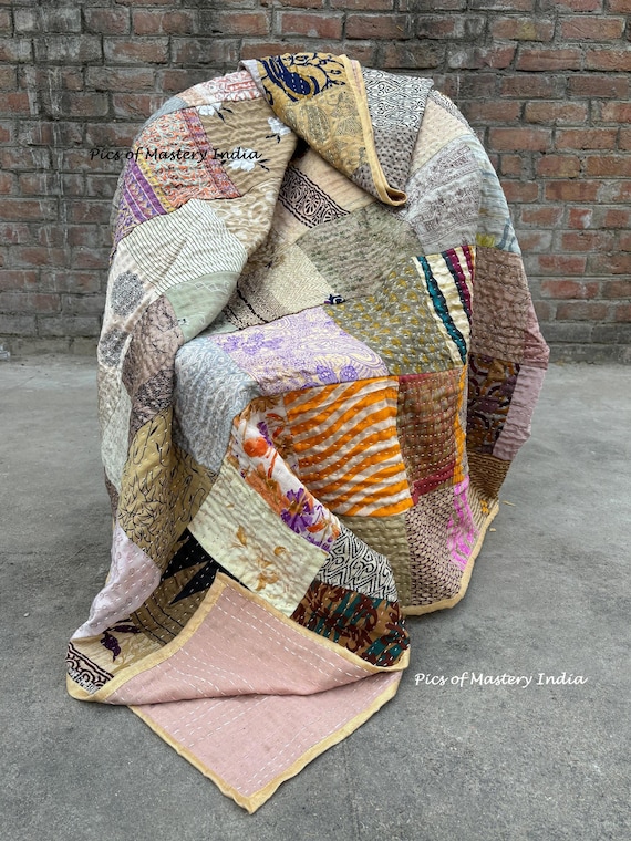 Handmade Silk Kantha Quilt: Bohemian Patchwork Throw Blanket