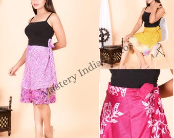 Wholesale Lot Short Silk Wrap Skirts Bohemian Vintage Layered Mini Beach Outfit Indian Sari Knee Length 22"