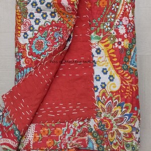 Indian Handmade Kantha Bedspread Twin Queen Size Cotton Throw Blanket Bed Cover Quilting. Red