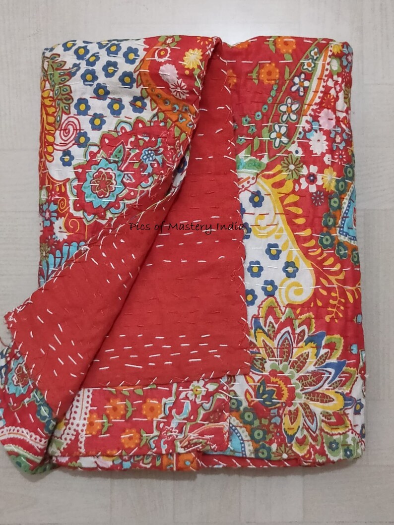 Indian Handmade Kantha Bedspread Twin Queen Size Cotton Throw Blanket Bed Cover Quilting. Red