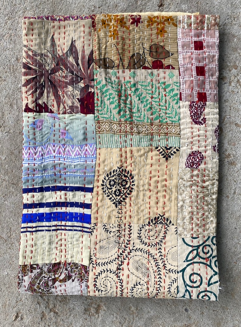 Bohemian Patchwork Quilt Kantha Quilt Handmade Vintage Quilts Boho Bedding Throw Blanket Bedspread Quilting Hippie Quilts For Sale Beige