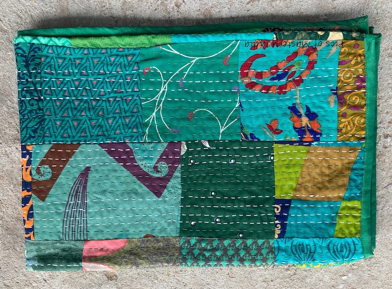 Bohemian Patchwork Quilt Kantha Quilt Handmade Vintage Quilts Boho Bedding Throw Blanket Bedspread Quilting Hippie Quilts For Sale Green