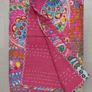 Indian Handmade Kantha Bedspread Twin Queen Size Cotton Throw Blanket Bed Cover Quilting. Pink
