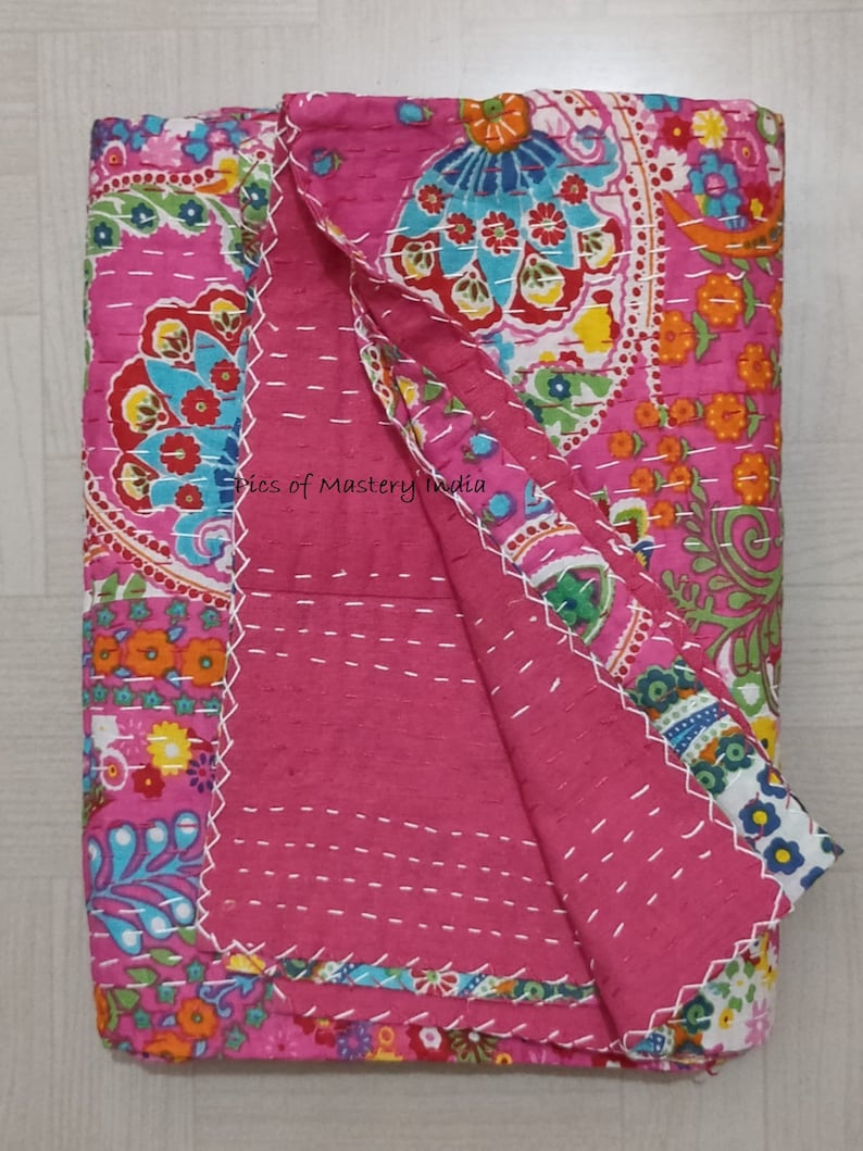 Indian Handmade Kantha Bedspread Twin Queen Size Cotton Throw Blanket Bed Cover Quilting. Pink