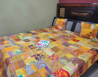 Jeté et couverture patchwork Kantha couette Boho hippie couette Kantha couvre-lit cadeau de pendaison de crémaillère ensemble de literie en soie