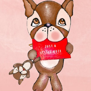 Frenchie Postkarte - süßer Welpe mit Puppe, wunderliche Love Note Hundekarte, perfektes Kunstdruck-Geschenk für Frenchie-Fans