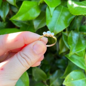 May include: A gold ring featuring three small, round pearls. The ring has a delicate band and the pearls are clustered together. The ring is held against a backdrop of green leaves, creating a natural contrast.