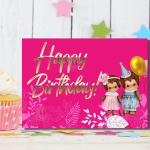 Jolie carte imprimable de fille rose, carte rose de joyeux anniversaire de fille, carte numérique de joyeux anniversaire, carte florale d'anniversaire imprimable, carte de fille de singe
