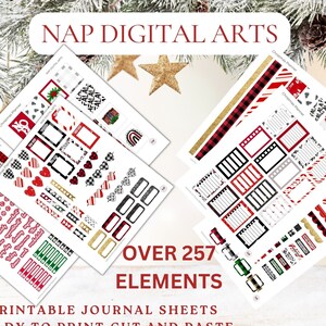 May include: A collection of printable Christmas journal sheets with various designs, including red, black, and white patterns. The sheets feature decorative elements, frames, and the text "OVER 257 ELEMENTS" and "PRINTABLE JOURNAL SHEETS READY TO PRINT, CUT AND PASTE".