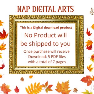 May include: A digital download product announcement with a gold ornate frame. The text reads "This is a Digital download product. No Product will be shipped to you. Download: 5 PDF files with a total of 7 pages." Autumn leaves surround the frame.