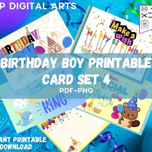 Tarjeta imprimible para cumpleañero, tarjeta de feliz cumpleaños, juego de 4 tarjetas de felicitación festivas, cumpleaños de un día especial, rey del cumpleaños, tarjeta digital de celebración